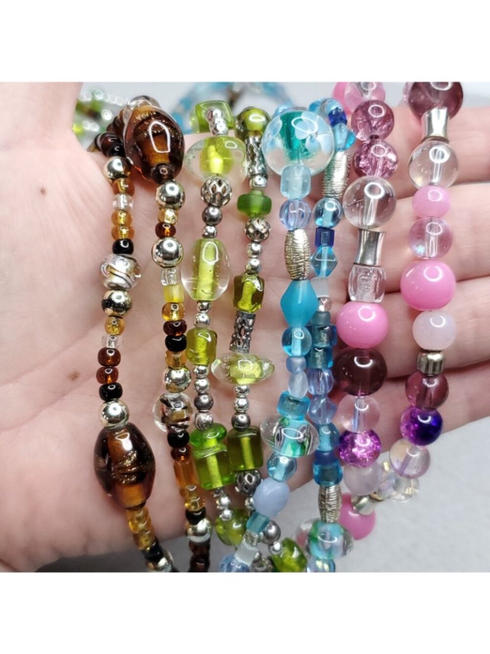 Beaded Lanyard Necklace Badge ID Holder Pink Blue Green Brown Glass Lot Of 4 - Picture 8 of 9